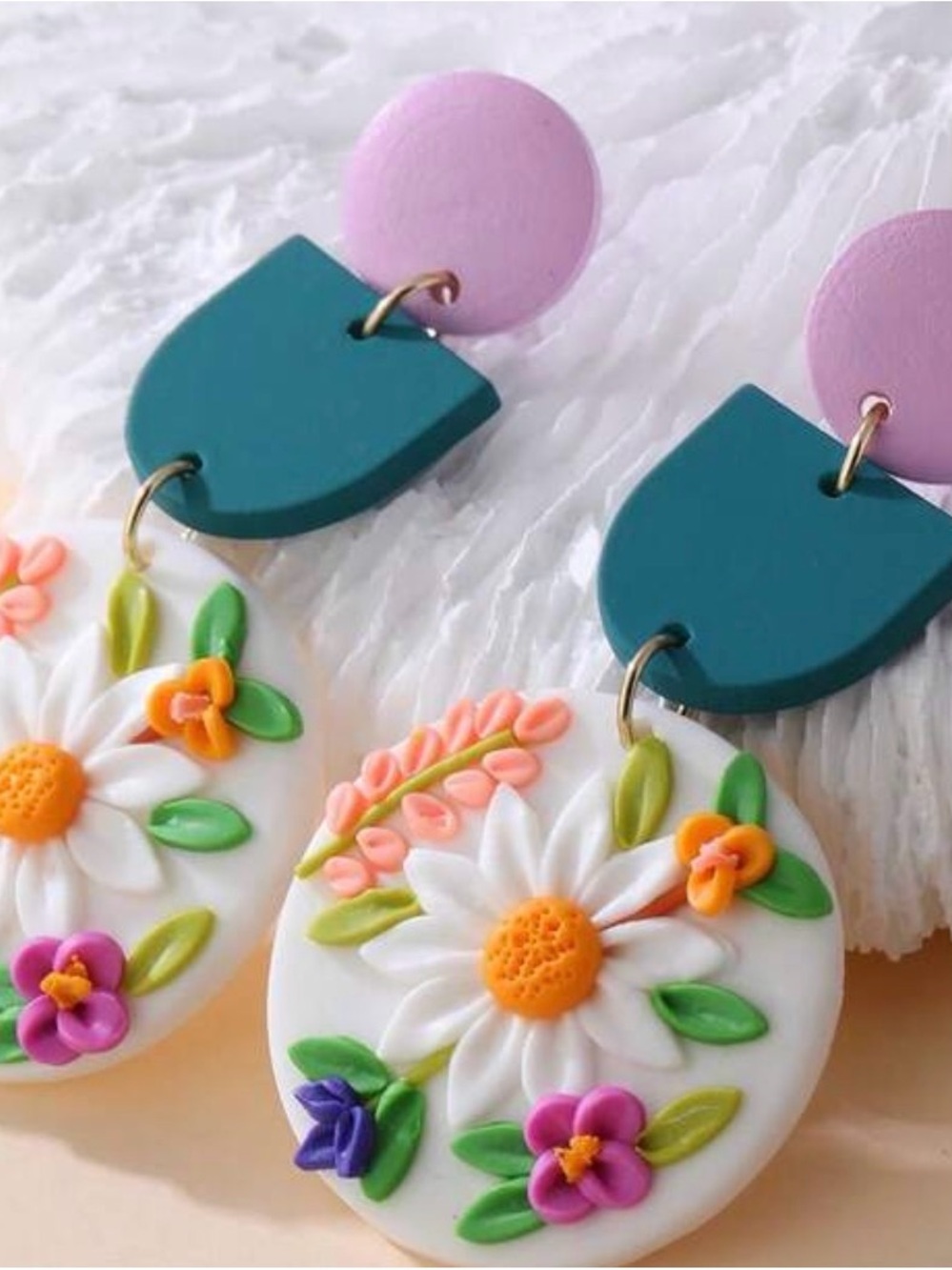 Handmade Floral Polymer Clay Dangle Earrings — White, Teal, Pink